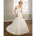 A-line Sweetheart Strapless Satin Organza Lace Chapel Train Beading Ruffled Wedding Dress